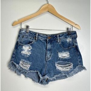 Pacsun High Rise Festival Denim Shorts Distressed Frayed Hem Blue Size 28